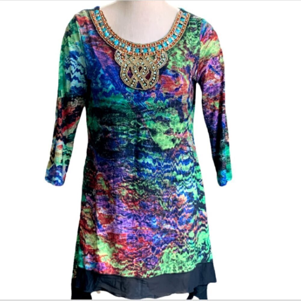 From the Heart Beaded‎ Colorful Mini Dress Tunic Sz L #26F